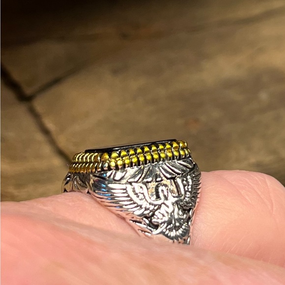 2007-Men’s Engraved Flying Eagle Silver Metal Color Black Inlayed Setting - Picture 2 of 14